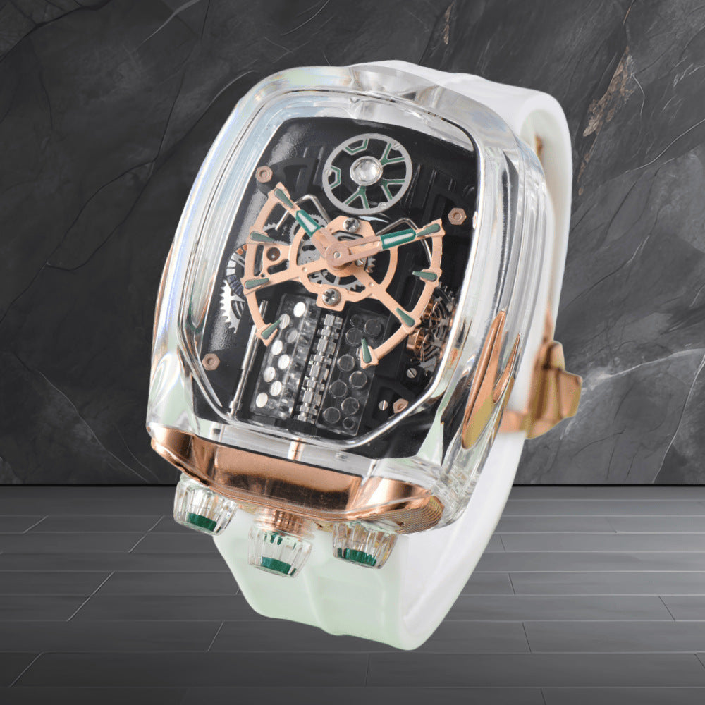 W16 Engine-Style Watch with Sparkling Transparent Crystal Case