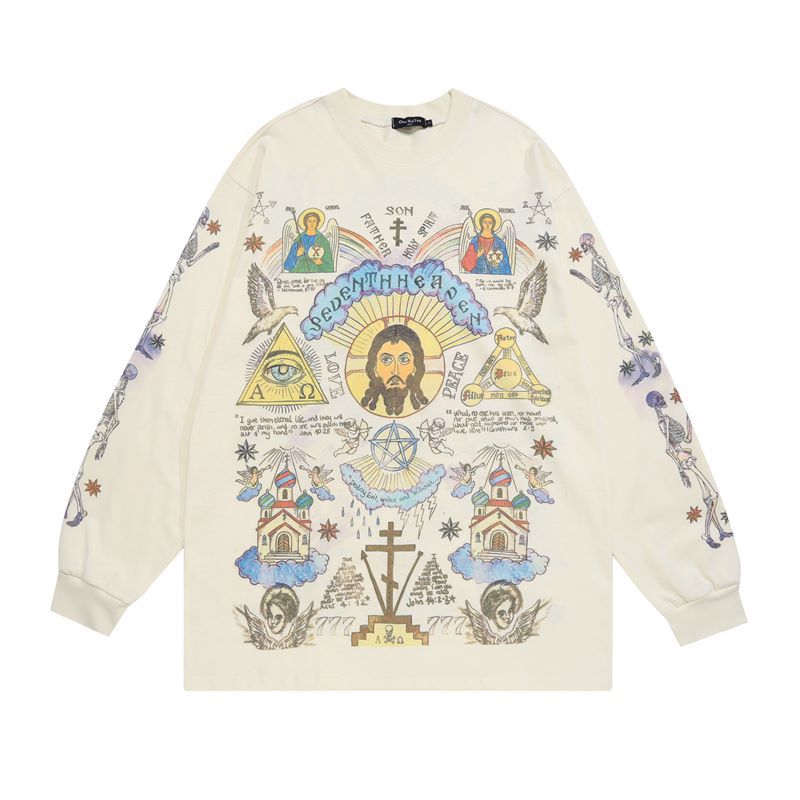 Skull angel print vintage distressed long - sleeve