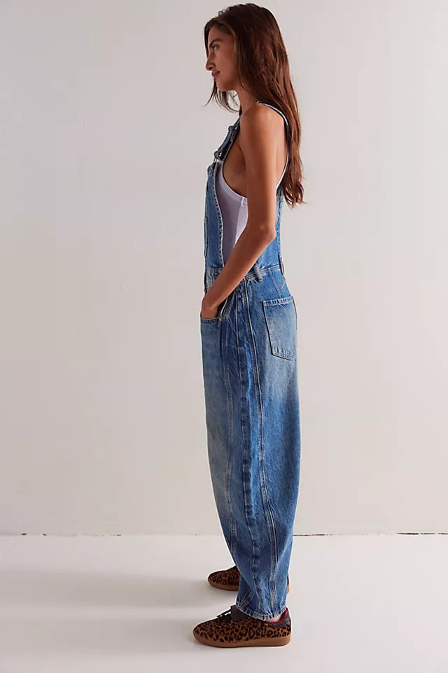 Washed Vintage, Loose-Fit, Straight-Leg Cargo Denim Overalls