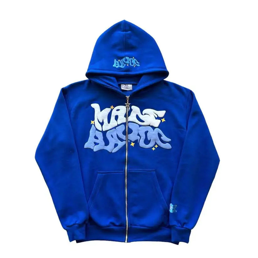 MAKE HARDER Foamed Letter Print Zip-Up Hoodie