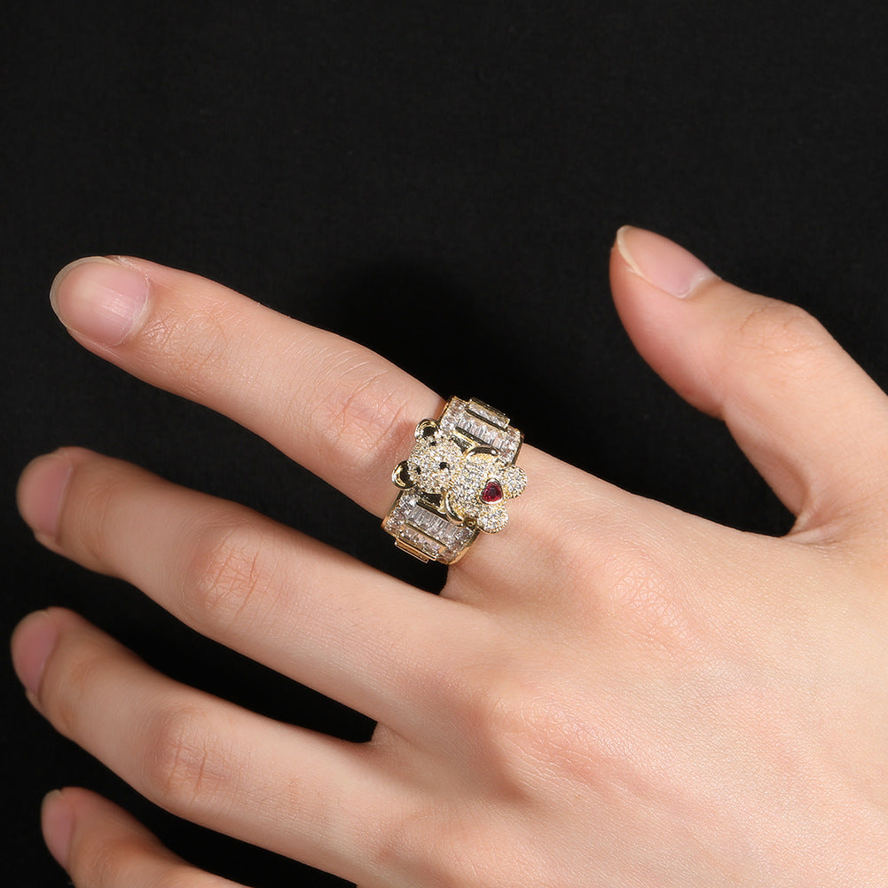 Hip-hop cute bear diamond-encrusted adjustable ring