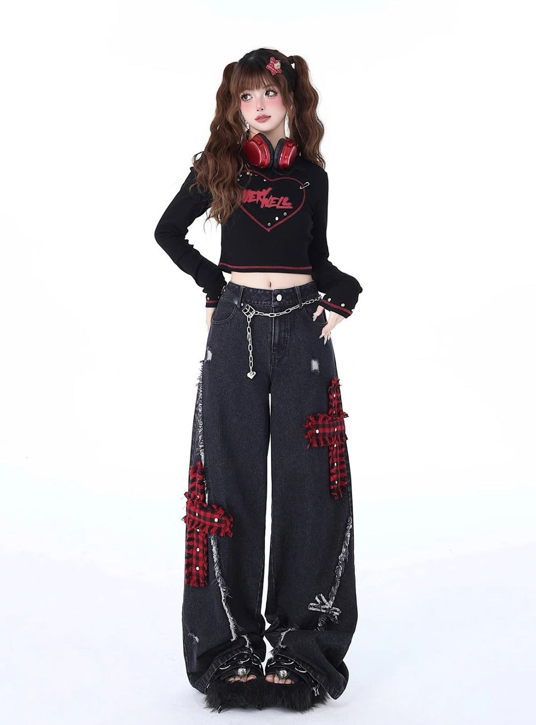 Rock-Punk Distressed Straight-Leg Wide-Leg Jeans