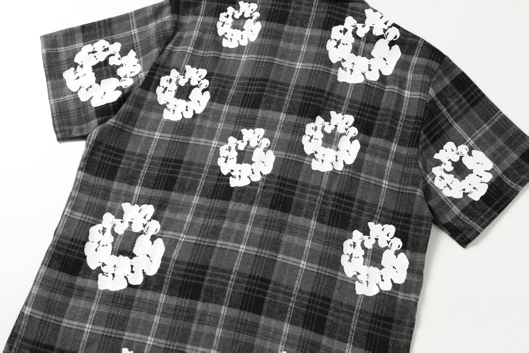 Kapok flower foam print plaid shirt set