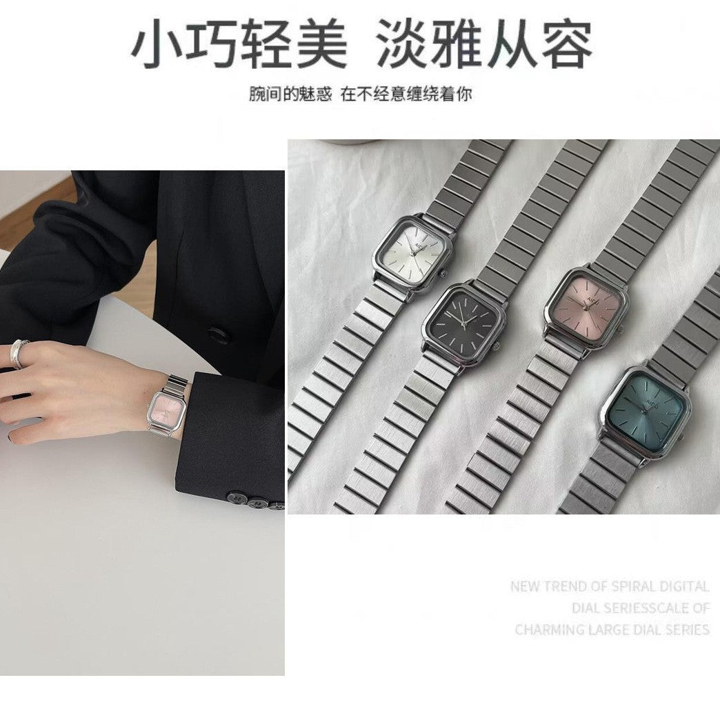 Square-Dial Student Watch with Bamboo-Link Steel Band