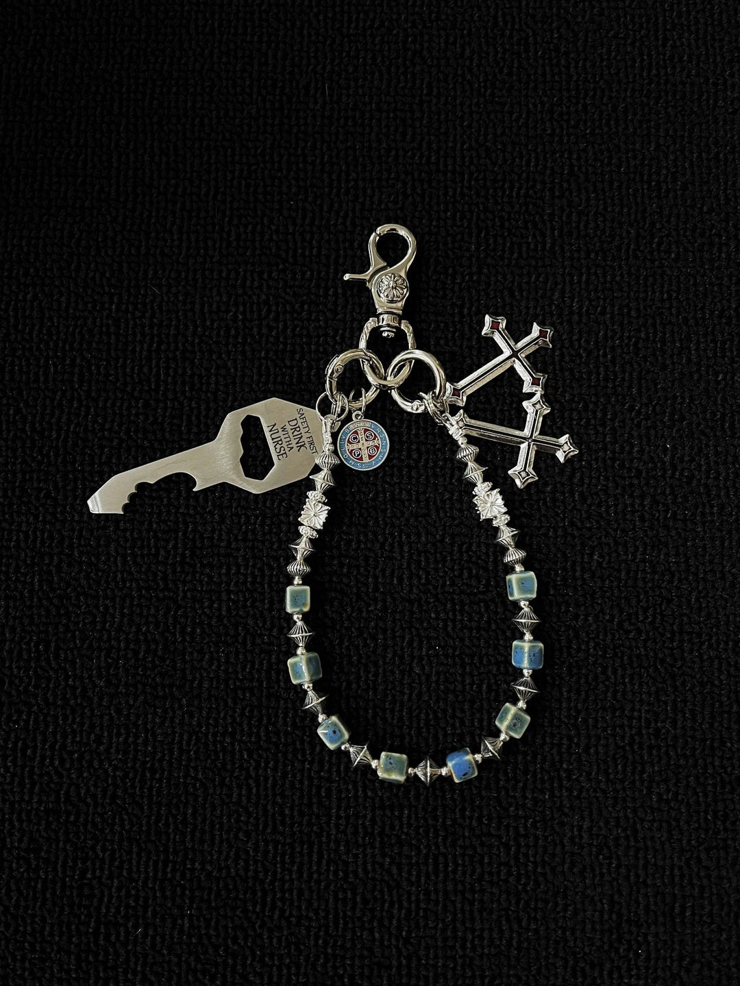 Vintage Blue Ceramic Bead Keychain with Cross Charms