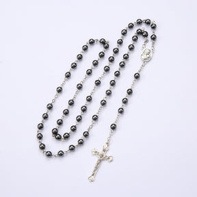 Black gallstone round bead rosary necklace