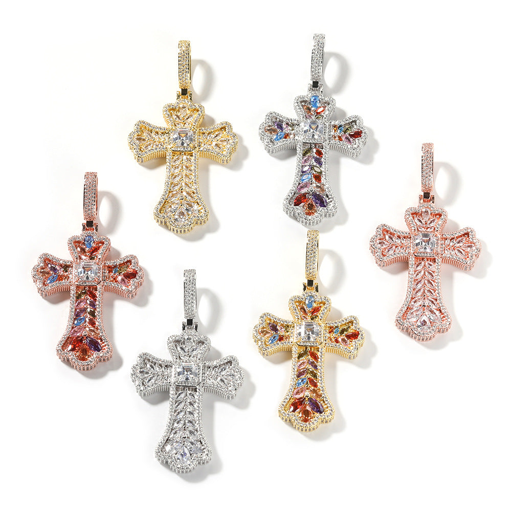 Hip-hop full diamond colorful wheat ear cross pendant