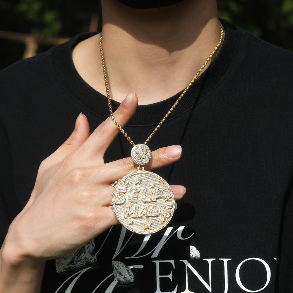 Self made hip-hop large diamond-encrusted disc necklace