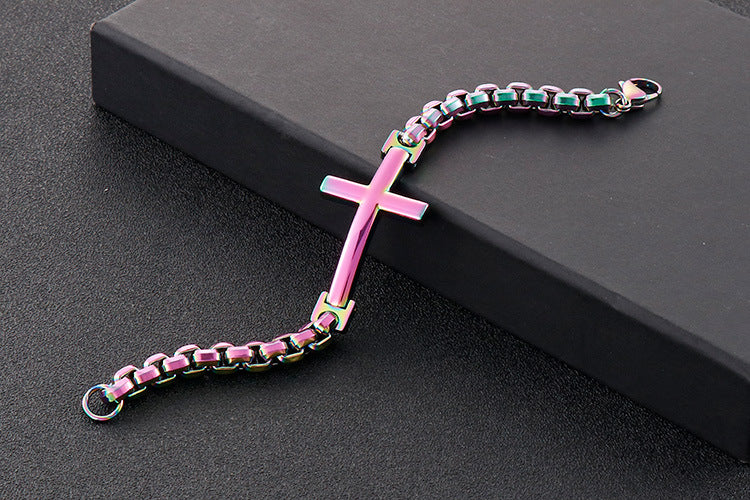 Personalized stainless steel men's cross square pearl bracelet