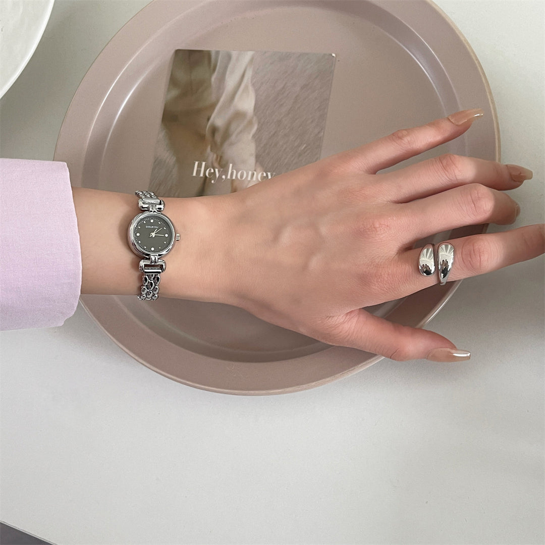 Round Dial Watch with Crystal Accents and Narrow Band