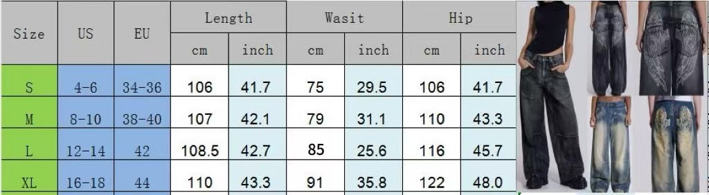 Washed & Distressed Wide-Leg Jeans with Gradient Wing Print