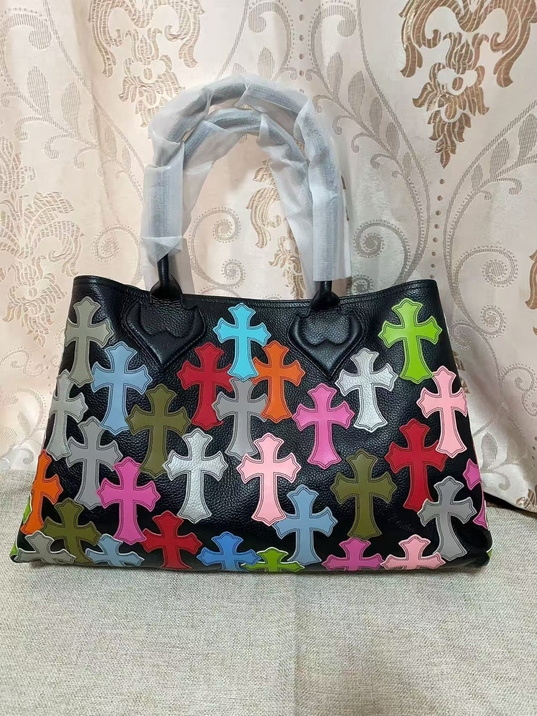 Chrome Hearts Genuine Leather Handbag with Floral Pattern