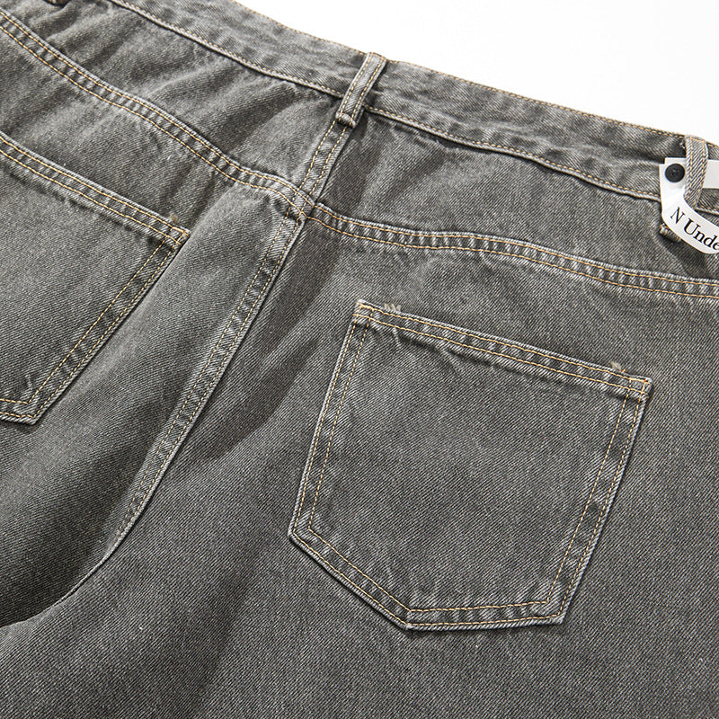 Brushed ripped pure cotton washed jeans