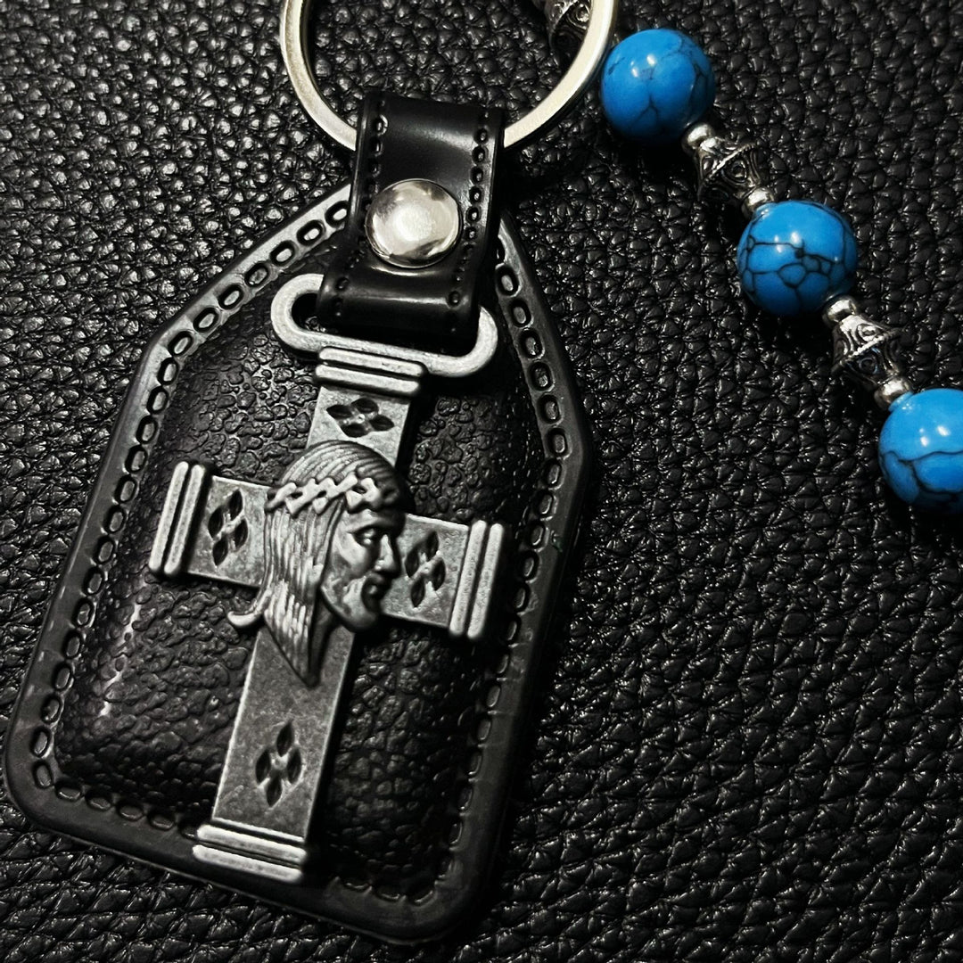 Handcrafted Vintage Blue Cracked Stone Cross Waist Chain