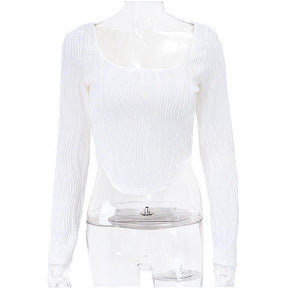 Autumn & Winter long-sleeved U-neck water ripple slim fit top T-shirt