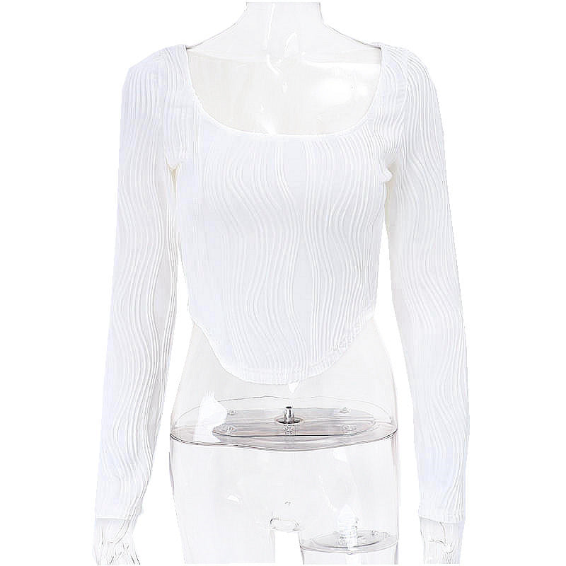 Autumn & Winter long-sleeved U-neck water ripple slim fit top T-shirt