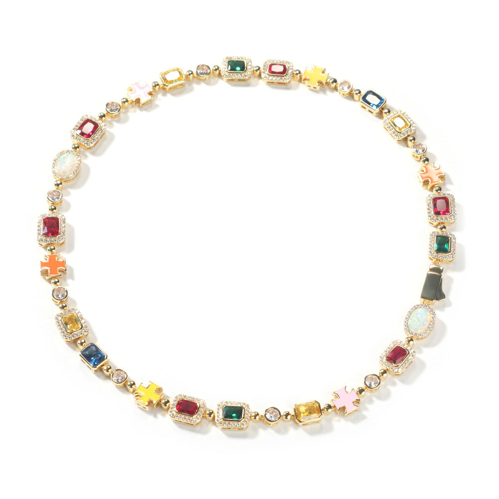 Hip-hop diamond-encrusted multicolored gemstone necklace