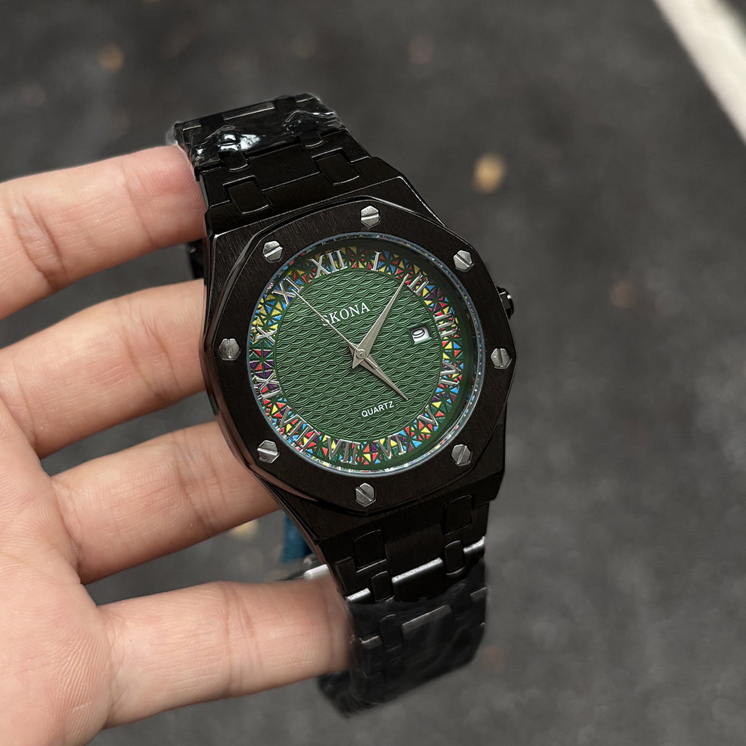 Stainless Steel Watch with Octagonal Bezel and Rainbow Roman Numerals