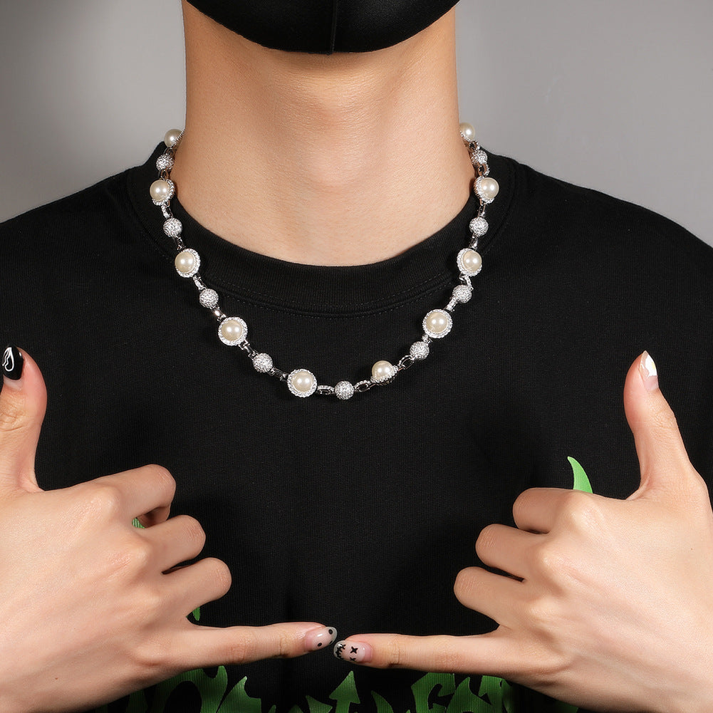 Hip-Hop Silver Pearl Necklace with Diamond Accents