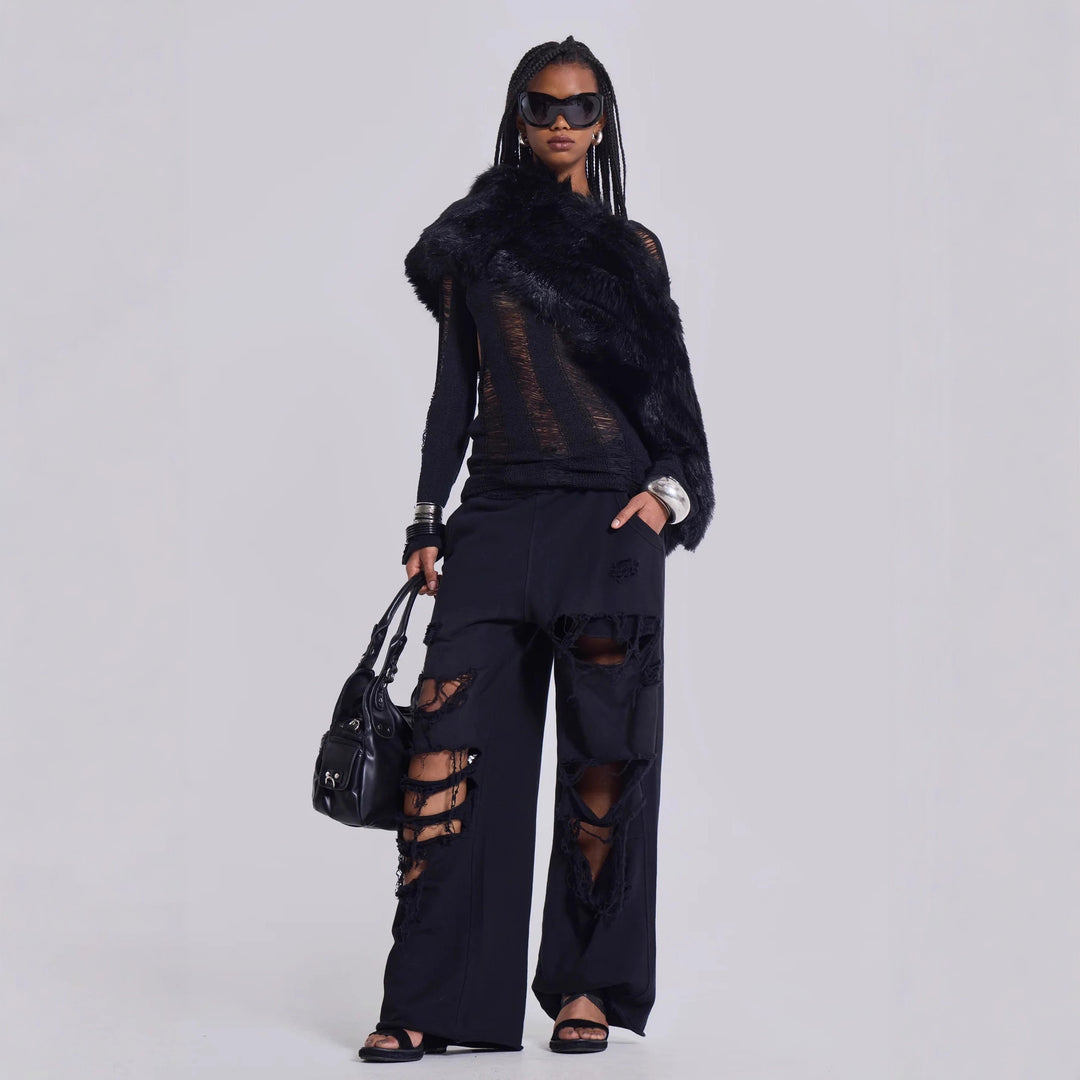 High-street trendy ripped hip-hop wide-leg sweatpants