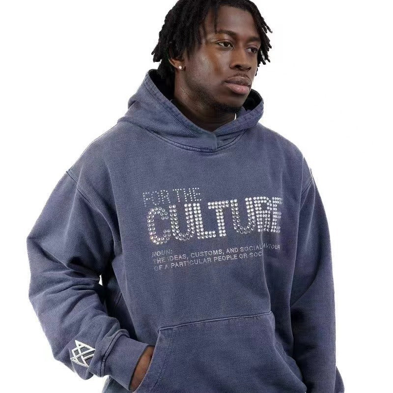 For the Culture Rhinestone and Letter Print Hooded Sweatshirt