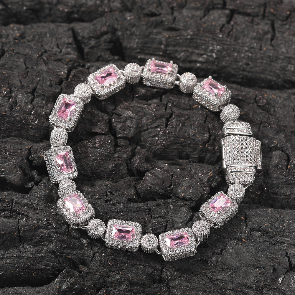 Copper inlaid pink zircon hip-hop bracelet