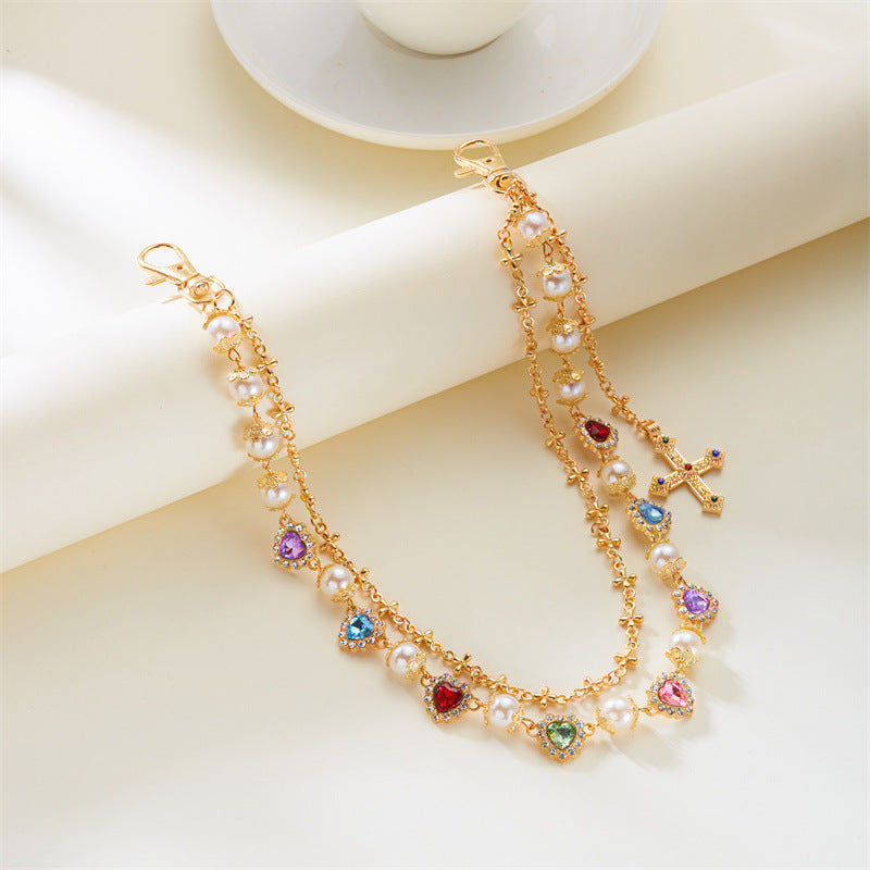 Multi-Color Gemstone, Pearl, and Cross Punk Waist Chain