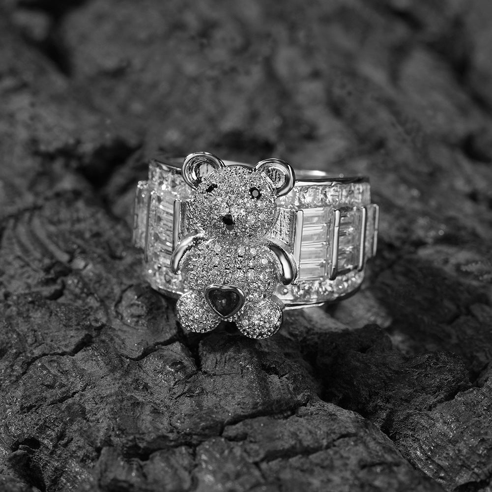 Hip-hop cute bear diamond-encrusted adjustable ring