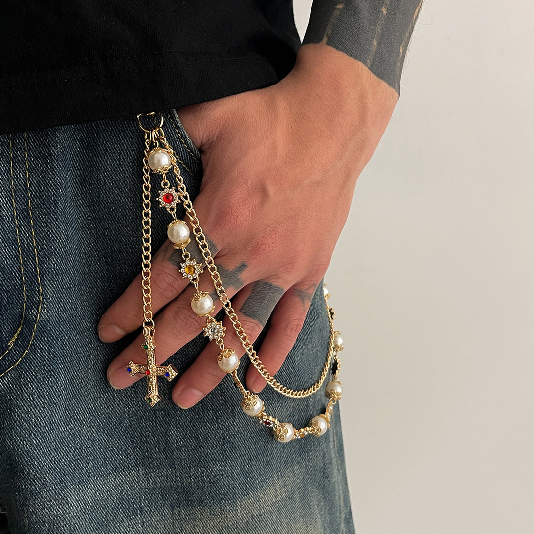 Pearl, Multi-Gemstone, Cross & Floral Pant Chain