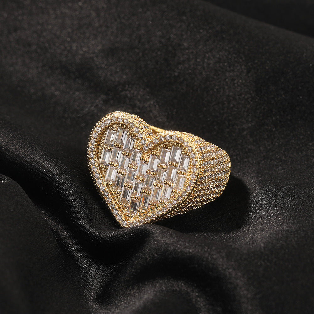 Hip-Hop T-Square & Heart-Shaped Zirconia Ring
