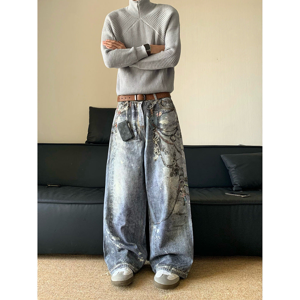Distressed "Wasteland" Style Jeans with 3D Print and Chain Detail
