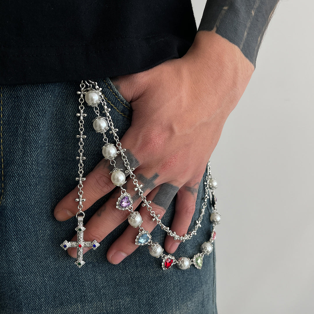 Pearl, Multi-Gemstone, Cross & Floral Pant Chain