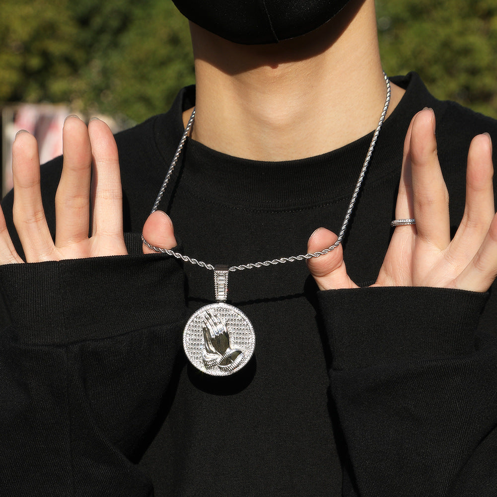 Hip-hop round disc zircon-encrusted praying hands pendant