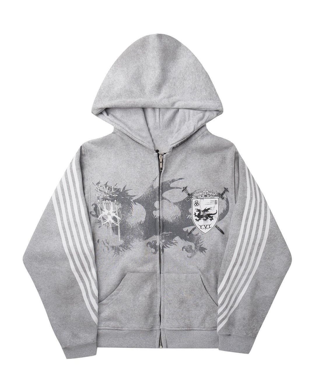 Five-stripe dragon and cross print hoodie.