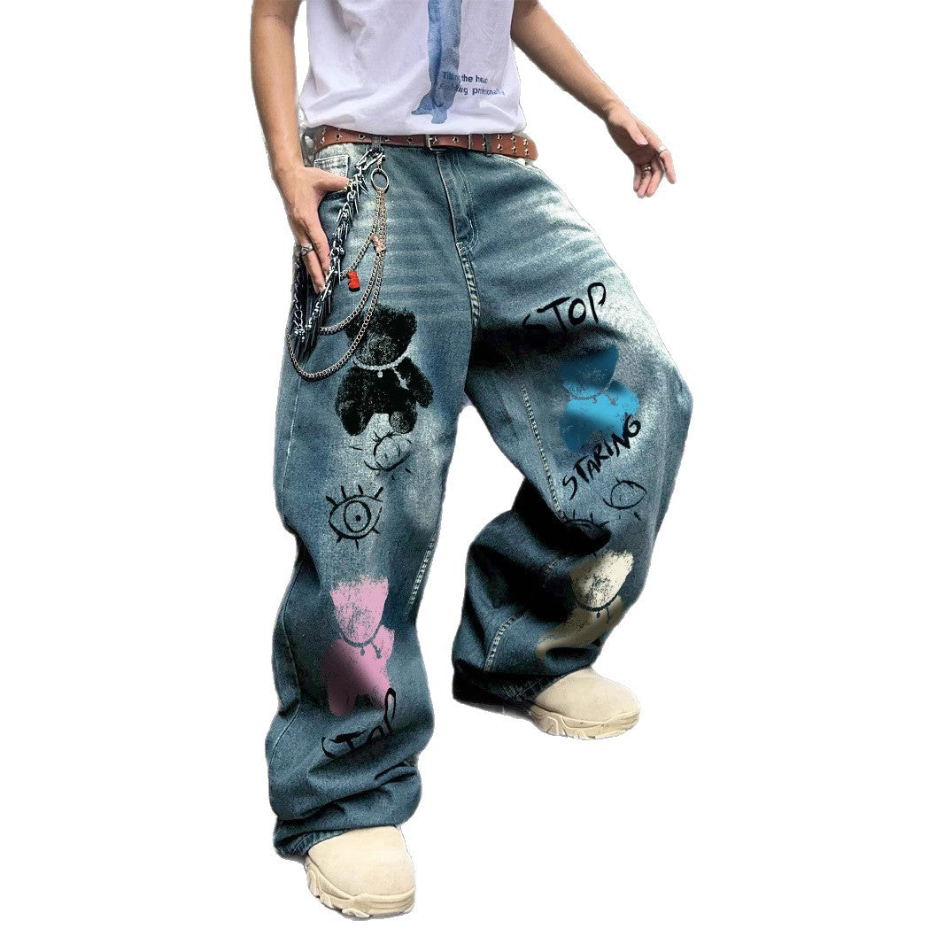 Wide-Leg Denim Jeans with Bear Eyes Print