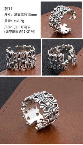 S925 sterling silver chrome hearts cross flower retro open ring