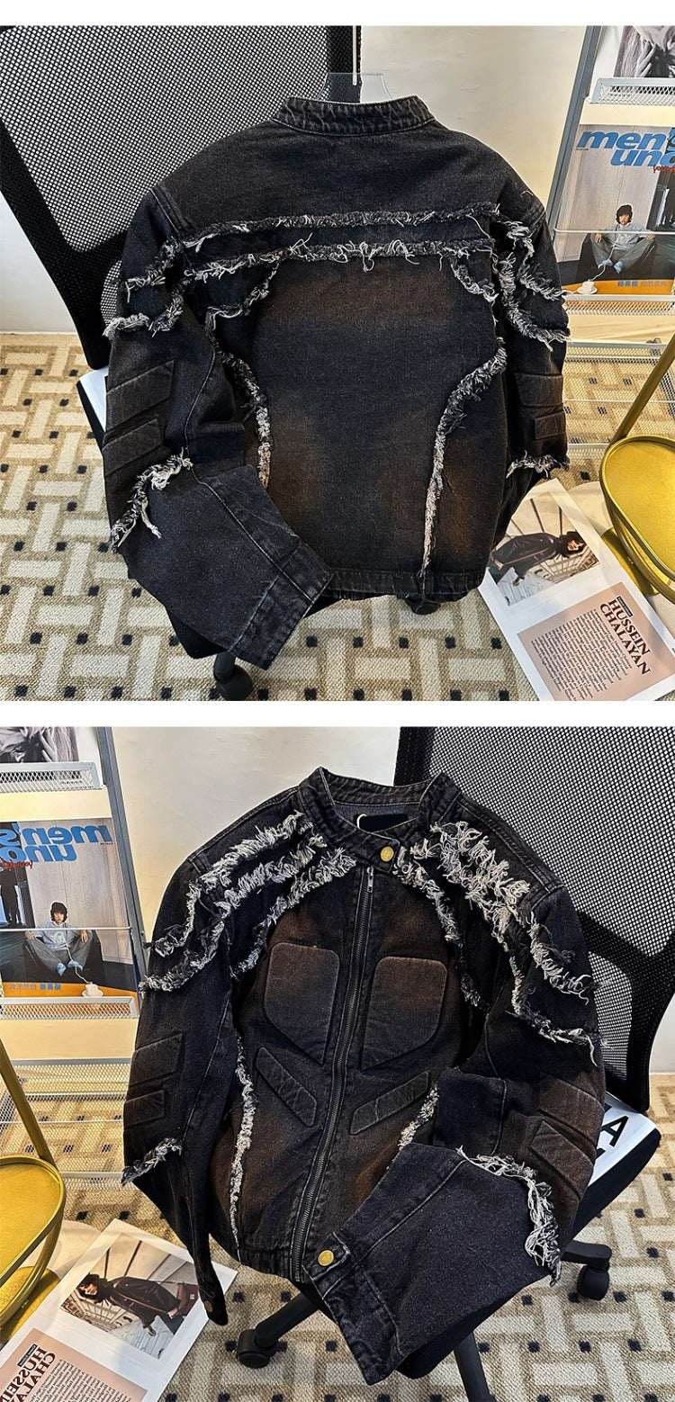 Embossed Raw-Hem Padded-Shoulder Denim Jacket