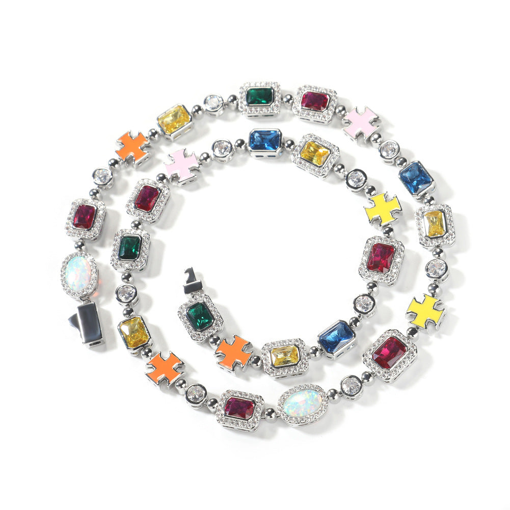 Hip-hop diamond-encrusted multicolored gemstone necklace