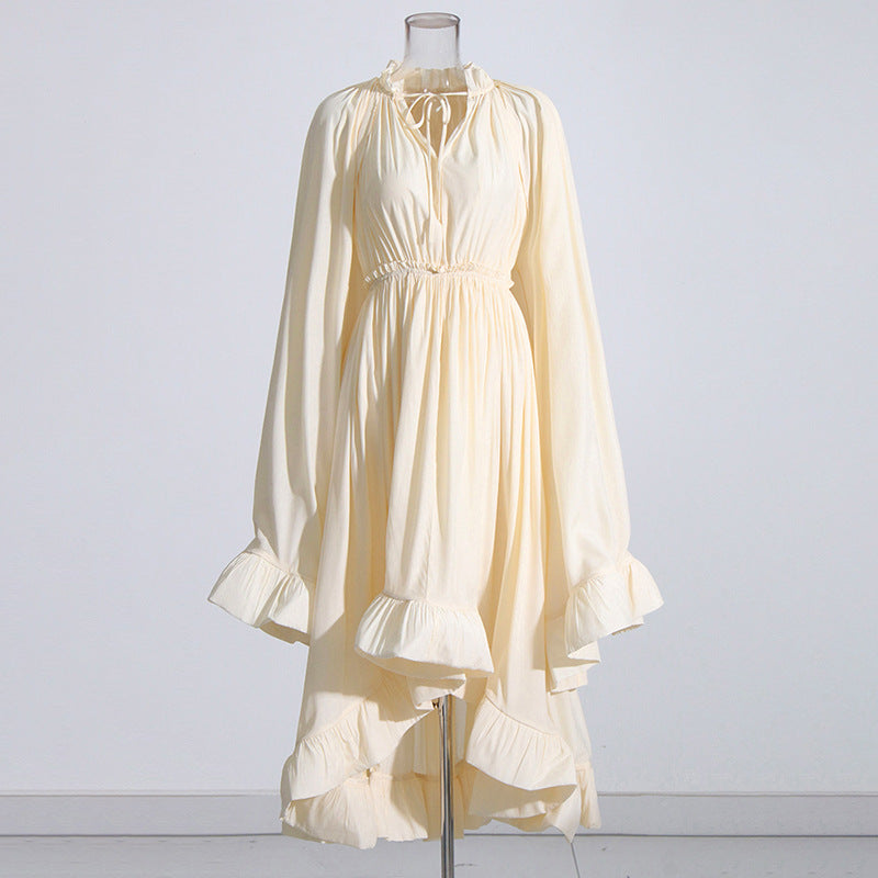 French Palace Style V-Neck Long Sleeve Shawl Pleated Ruffle Dress