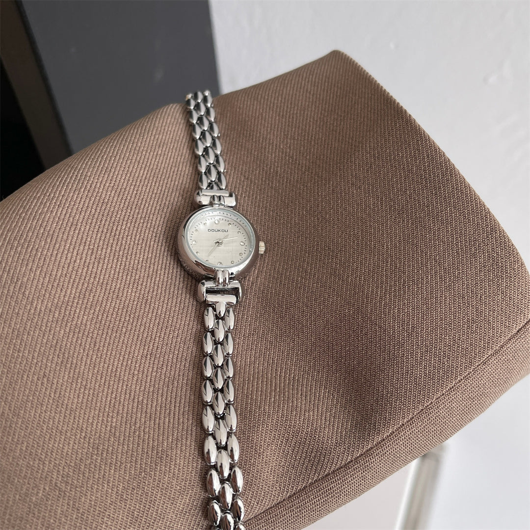 Round Dial Watch with Crystal Accents and Narrow Band