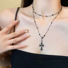 Dark zircon cross beaded necklace double layer neck chain