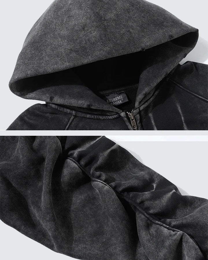 Distressed washed and pleated hooded sleeves