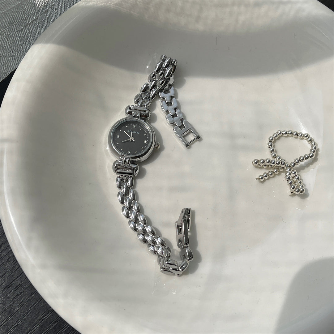 Round Dial Watch with Crystal Accents and Narrow Band