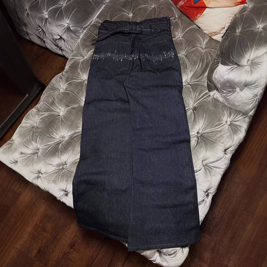 Y2K Loose-Fit Wide-Leg Patchwork Jeans with Floral Embroidery