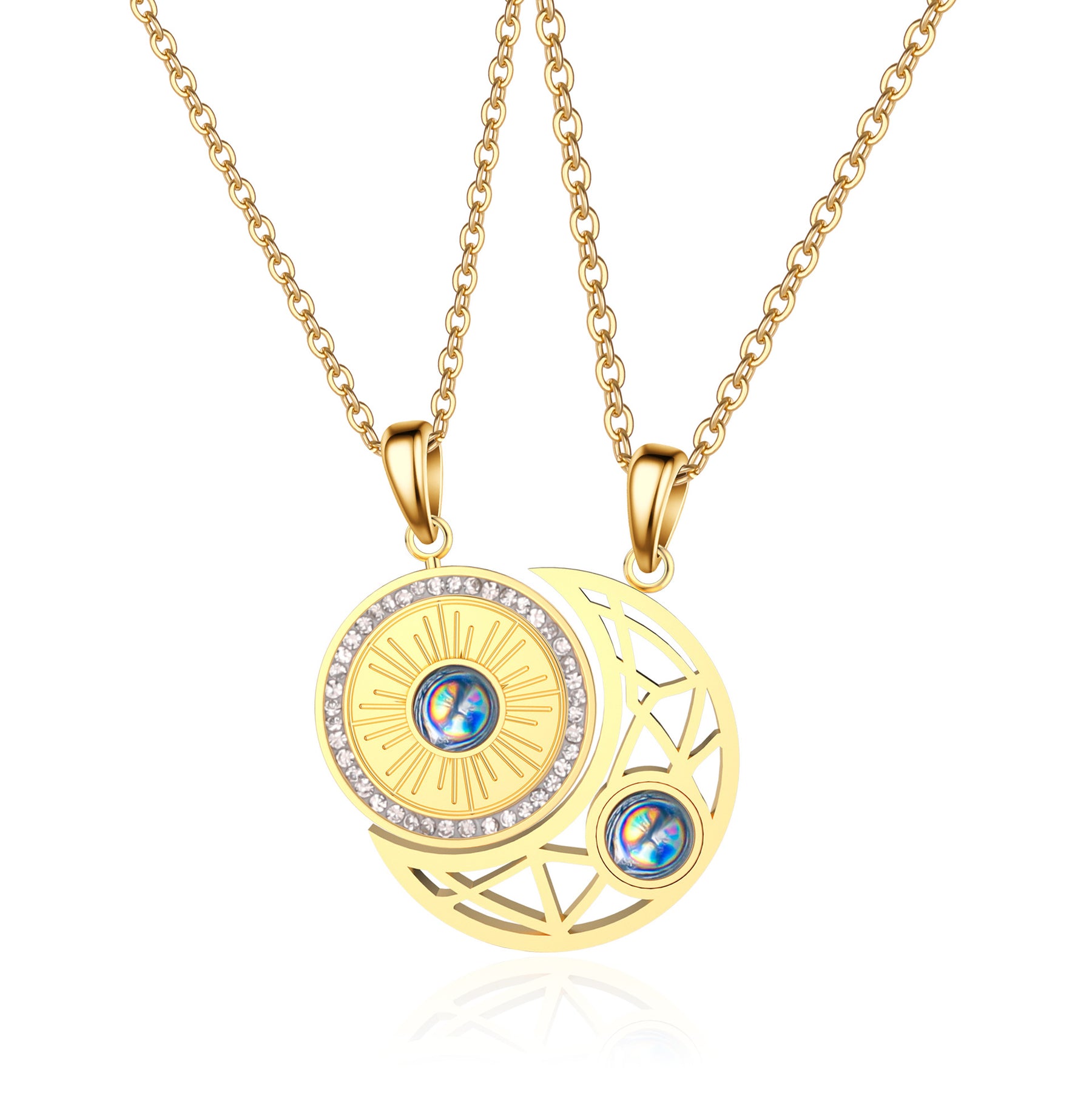 Gold sun and moon projection matching necklaces for couples