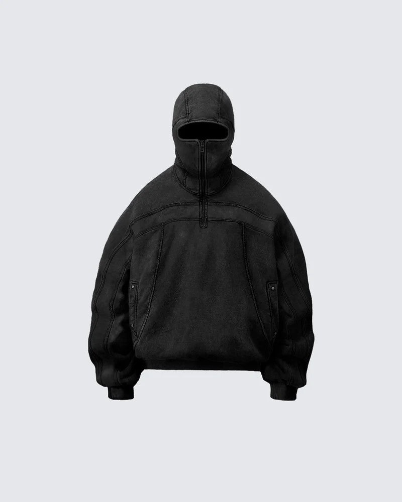 Single-hooded long zip-up hoodie with exposed eyes
