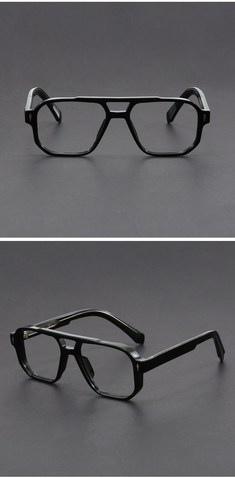 Square double-bridge plano glasses