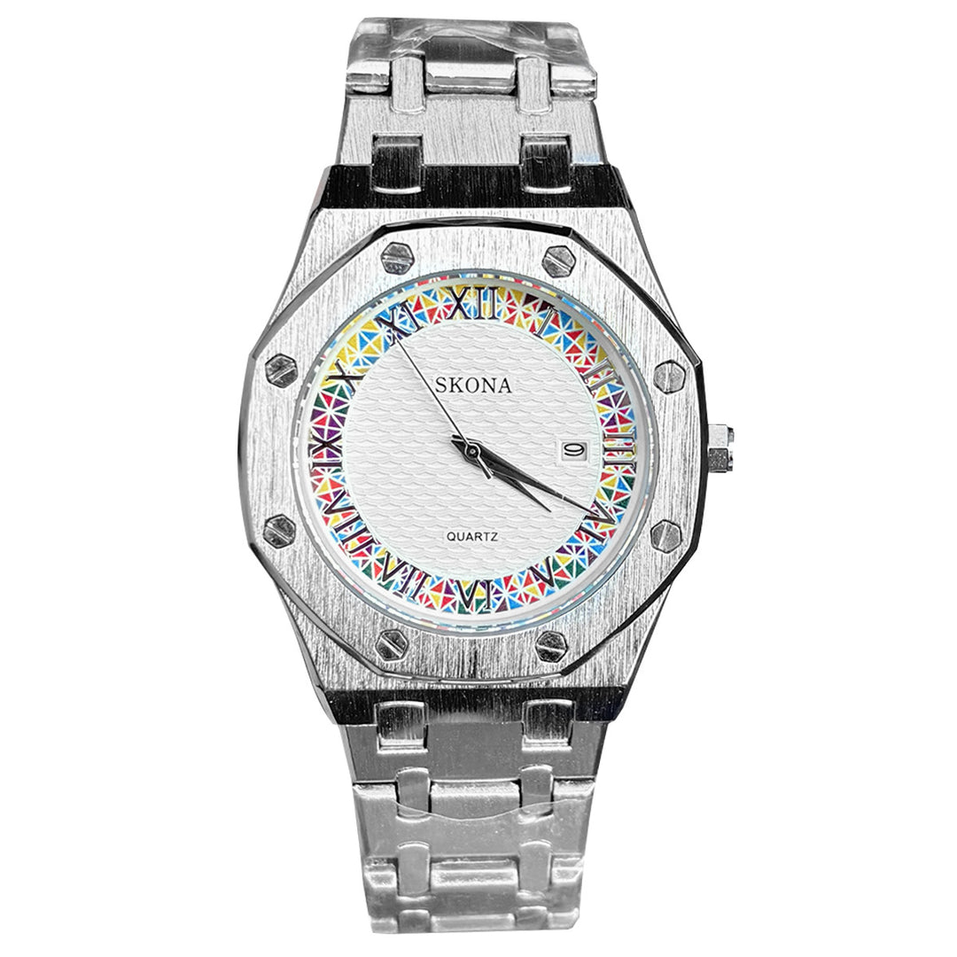 Stainless Steel Watch with Octagonal Bezel and Rainbow Roman Numerals