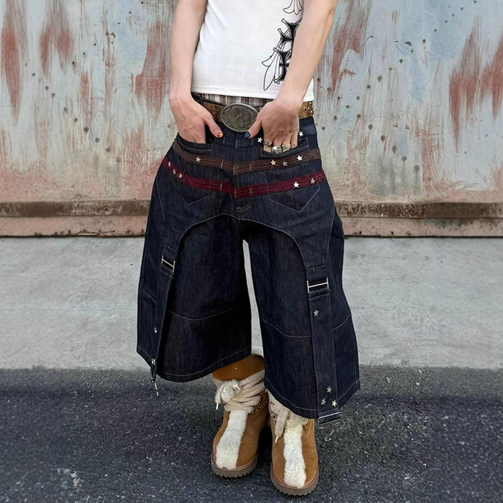 Star-studded patchwork wide-leg cropped shorts