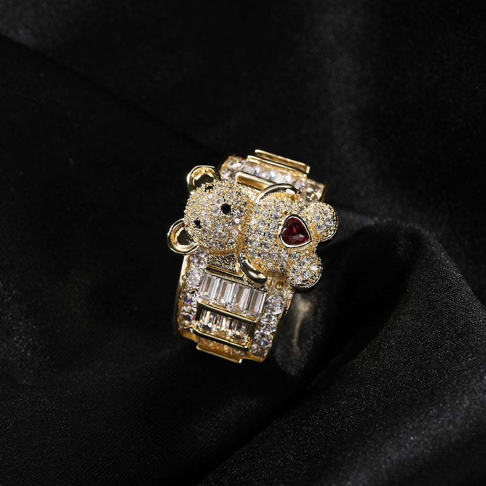 Hip-hop cute bear diamond-encrusted adjustable ring